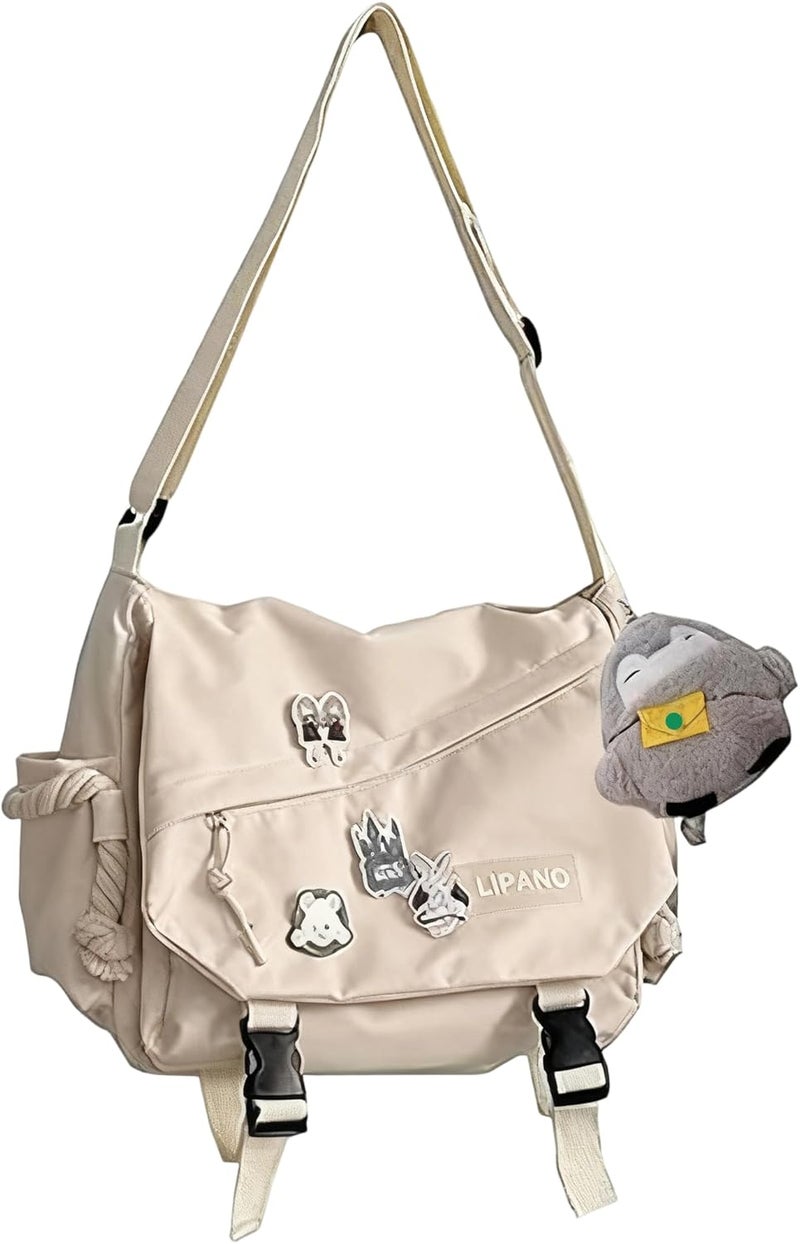 INSHERE Aesthetic Crossbody Bag with Cute Pins and Ornament, Nylon Shoulder Messenger Bag Japanese Kawaii Bag for Women Men - Image 1